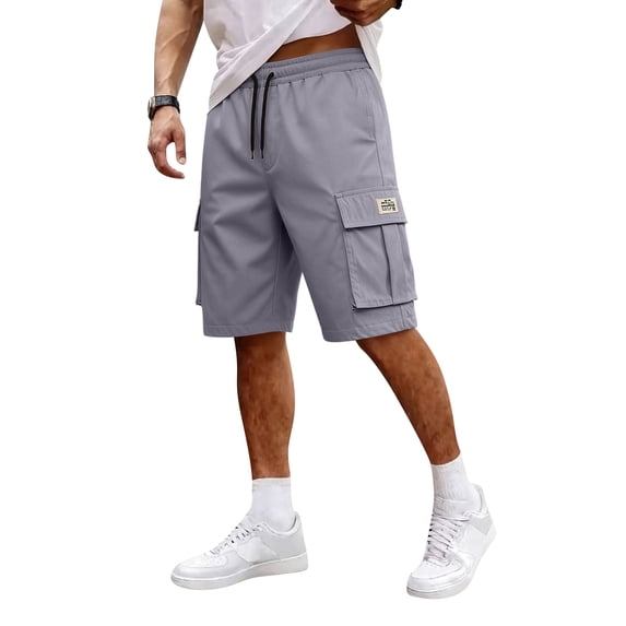 Homeyce Cargo Short for Men Multi-Pocket Elastic Waist Short Pants Drawstring Ripstop Straight Leg Camo Cargo Short Relaxed Fit Outdoor Hiking Camo Stretch Bottom,Gray L