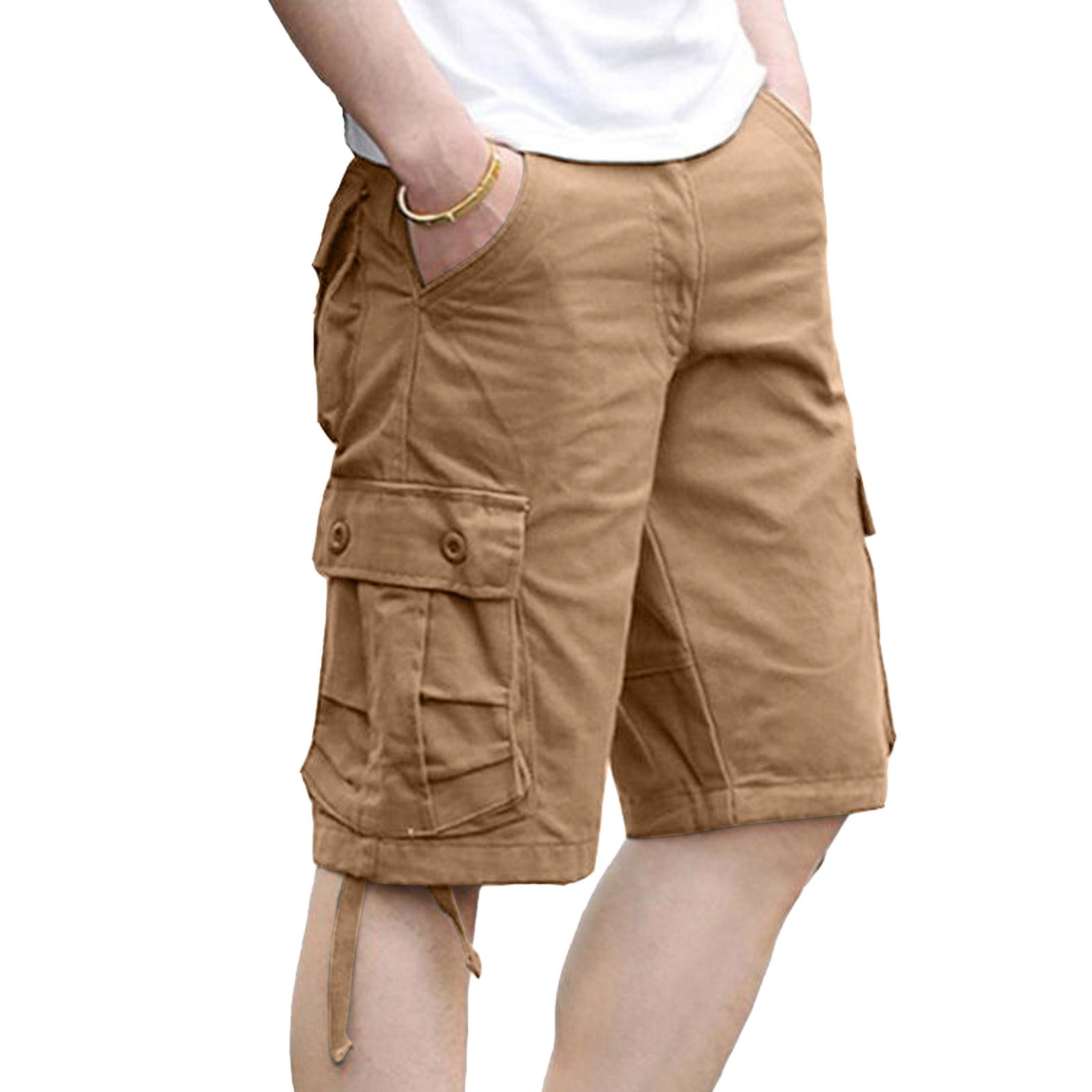 Men's Casual Chino Cargo Shorts - 3/4 Below Knee, Multi Pockets - Canvas Cotton Blend (Black, Green, Khaki, Gray) - View #5