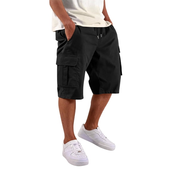 Homeyce Cargo Shorts for Men Elastic Waist Long Blew Knee Capri Shorts Multi-Pocket Below Knee Cargo Shorts Hiking Outdoor Stretch Casual Pants,Black L