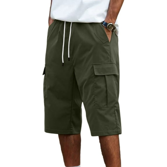 Homeyce Cargo Shorts for Men Knee Length Elastic Waist Cargo Pants Classic Stretch Work Bermuda Shorts with Multi-Pockets No Belt Big Tall Cargo Pants,Deep Green XL