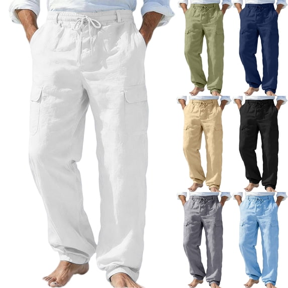 Homeyce Cotton Linen Pants for Men Elastic Drawstring Waist Straight-Legs Pants with Pockets Linen Long Pants Breathable Casual Summer Beach Lightweight Sweatpants,Green 3XL