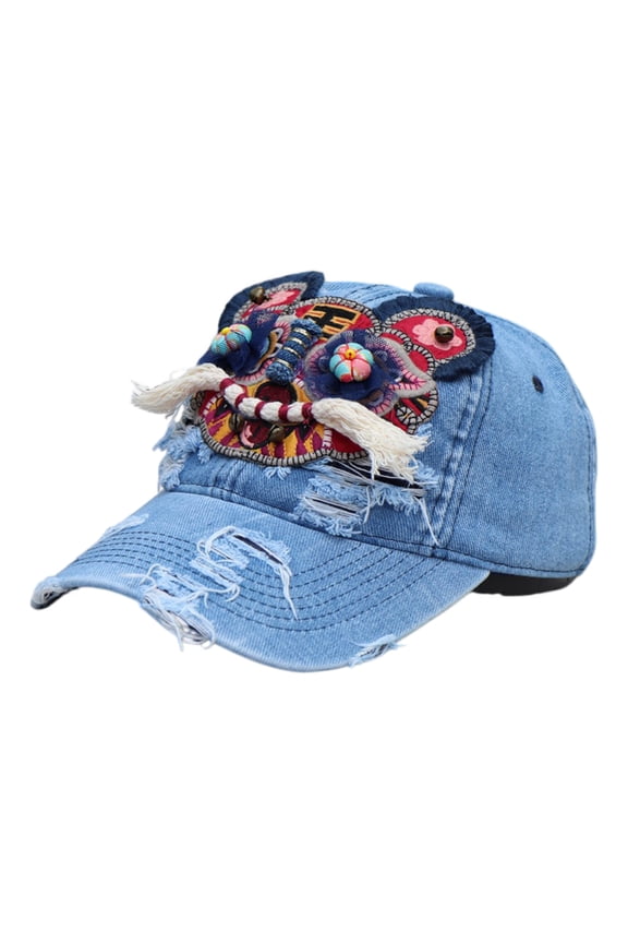 Traditional Chinese Tiger Hat with Priceless Handmade Miao Embroidery Chinese Intangible Heritage Craft Baseball Cap for China Trip,Light Blue-Adult