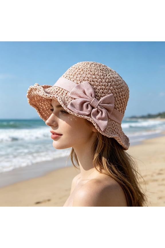 Elegant Woven Straw Hat with Retro Bow Foldable and Breathable Summer Beach Straw Sun Hat for Travel,Pink