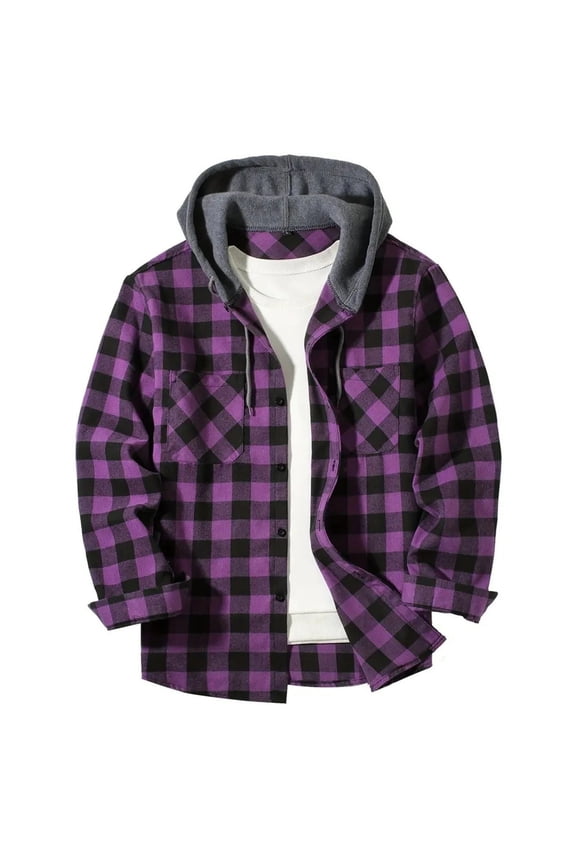 Flannel Hooded Shirt for Men Long Sleeve Plaid Shirts Button Down Hooded Shirt Jacket Casual Fashion Lightweight Shirts with Pocket,Purple 2XL