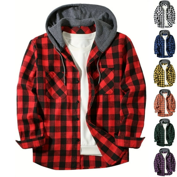 Homeyce Flannel Hooded Shirt for Men Plaid Long Sleeve Shirt Button Down Hooded Shirts Jacket Casual Fashion Lightweight Hooded with Pocket,Red 3XL