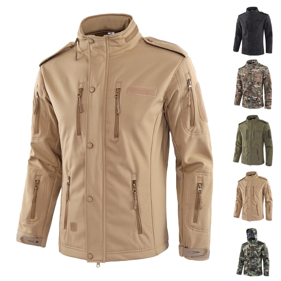 Homeyce Fleece Lined Military Softshell Jackets for Men Hooded Waterproof Windproof Soft Shell with Pockets Full Zip Jacket Winter Warm Outerwear for Men Outdoor Work Hiking,Khaki XL