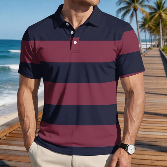 Homeyce Golf Polo Shirts for Men Short Sleeve Collar Shirts Button Business Casual Work Office Lightweight Polo Tee Striped Color Block Golf T Shirt,Red 3XL