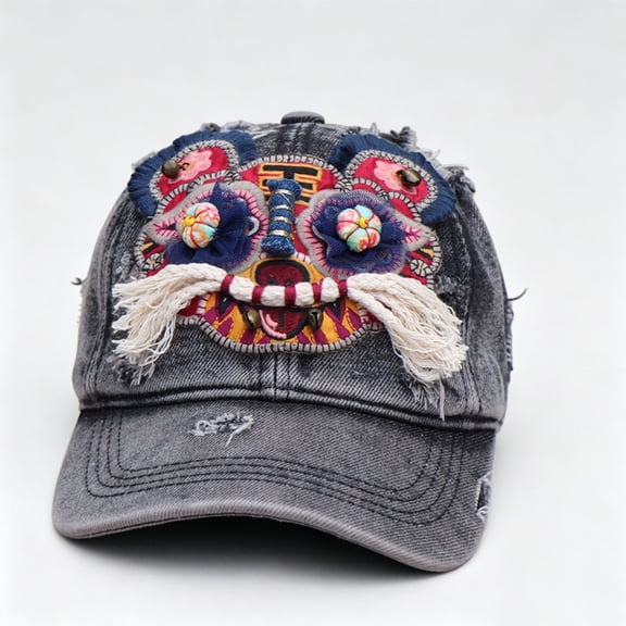 Homeyce Handmade Embroidery Tiger Head Baseball Cap Traditional Chinese Crafts with Priceless Miao Embroidery Ideal for China Trip Souvenir,Black-Kid