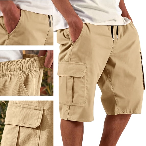 Homeyce Below the Knee Cargo Shorts for Men Long Capri Below the Knee Elastic Waist Shorts with Multi-Pockets Big and Tall Cargo Shorts Outdoor Quick Dry Breathable Hiking Fishing Bottom,Beige S
