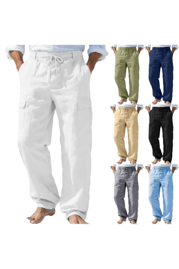 Lightweight Linen Jogger Pants for Men Elastic Waist Drawstring Wide Leg Pants with Pockets Cotton Linen Long Pants Loose Fit Summer Beach Casual Lounge Wear,Gray 3XL