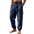thumbnail image 1 of Homeyce Linen Pants Men with Elastic Waist Drawstring Wide Leg Pants with Deep Pockets Linen Cotton Trousers Yoga Beach Loose Fit Casual Summer Lounge Wear,Blue 2XL, 1 of 5