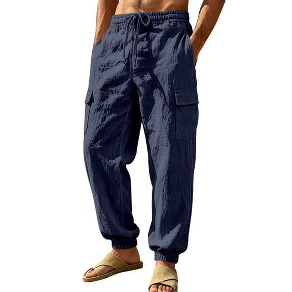 Homeyce Linen Pants Men with Elastic Waist Drawstring Wide Leg Pants with Deep Pockets Linen Cotton Trousers Yoga Beach Loose Fit Casual Summer Lounge Wear,Blue 2XL