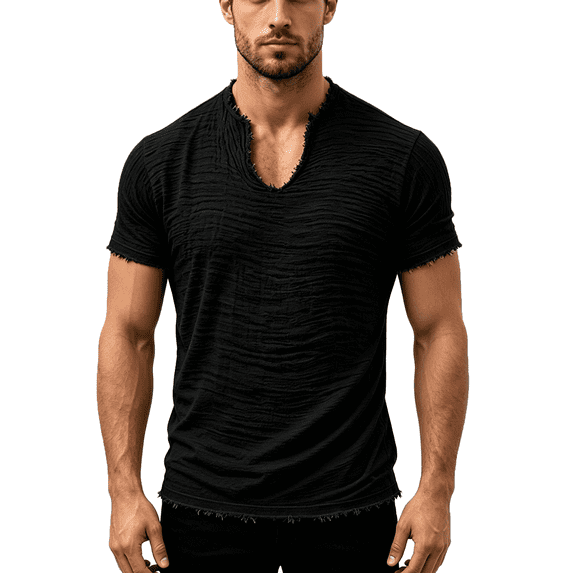 Homeyce Linen Shirts for Men Vintage Solid Short Sleeve V Neck Tshirts Breathable Summer Beach Casual Tops with Raw Edge,Black 2XL