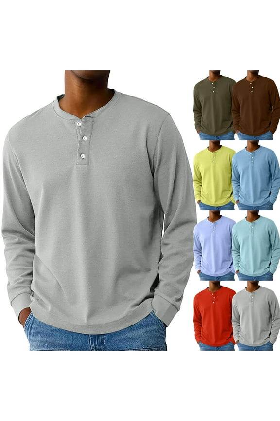 Long Sleeve Henley Shirts for Men Solid Color Button Henley Shirt Vintage Lightweight Stand Collar T-Shirts Big and Tall Top Pullover,Green XL