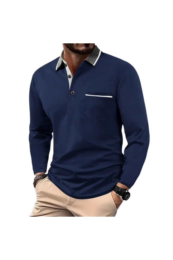 Long Sleeve Polo Shirts for Men Button Collar Shirts Business Casual Work Office Lightweight Polo Tee Solid Color Long Sleeve Tee Shirt,Navy S