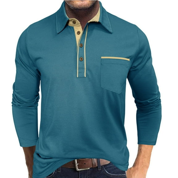 Homeyce Long Sleeve Polo Shirts for Men Collar Button Down Polo Shirts Casual Basic Lightweight Shirt Solid Color Long Sleeve Pullover Shirts,Blue 3XL