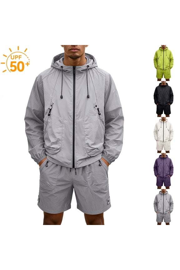 Men 2 Piece Sun Protection Lounge Sets Uv Sun Protection Long Sleeve Hoodie Jackets and Cargo Shorts Windbreaker Lightweight Hiking Fishing Outdoor Jackets Sets,Gray 3XL