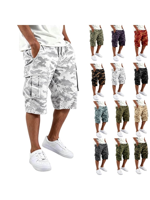 Men Cargo Shorts Below Knee Elastic Waist Shorts Long Capri Below the Knee Big and Tall 3/4 Pants with Multi-Pockets Hiking Outdoor Stretch Casual Half Pants,Gray 2XL
