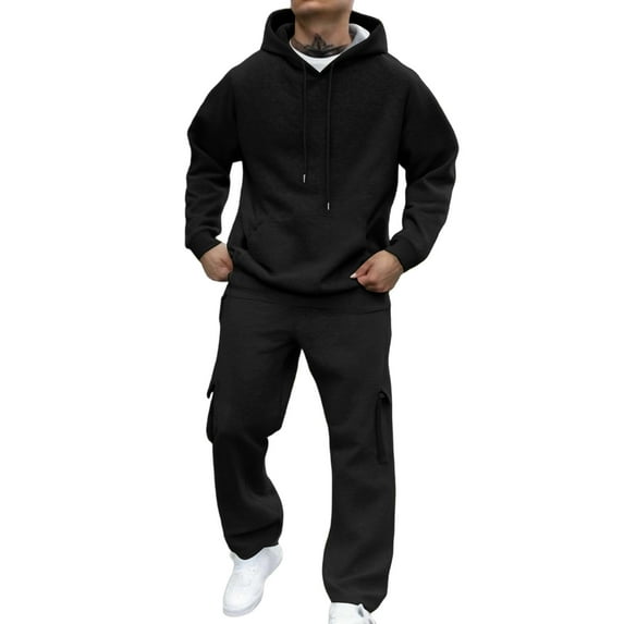 Homeyce Men Joggers Set 2 Pieces Long Sleeve Hooded Pullover Hoodies with Sweatsuits Solid Color Sweatshirts Casual Jogging Athletic Workout Set,Black XL