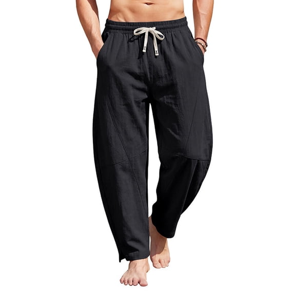 Homeyce Men Linen Drawstring Pants Elastic Waist Straight-Legs Pants with Deep Pockets with Pockets Long Pants Casual Summer Beach Lightweight Sweatpants,Black M