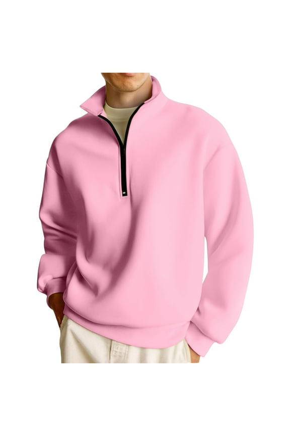 Men Quarter Zip Up Pullover Stand Collar Long Sleeve Sweatshirts Casual Lightweight Pullover Sweater 1/4 Zip Solid Color Polo Sweater,Pink 3XL