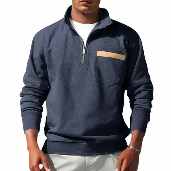 Homeyce Men Quarter Zip Up Pullover Mock Neck Long Sleeve Sweatshirt with Pockets 1/4 Zip Pullover Lightweight Casual Active Polo Shirt,Navy L