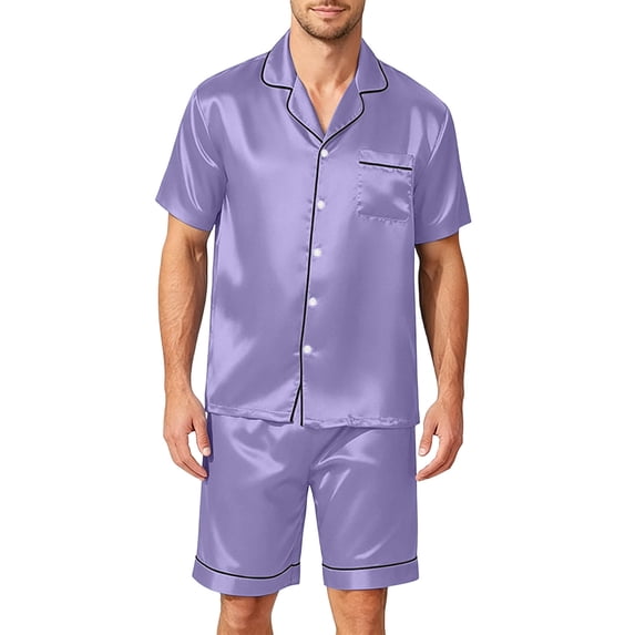 Homeyce Men Satin Silk Pajamas Sets Short Sleeve Sleepwear Button-Down PJs Sets Two-Pieces Loungewear with Pockets,Purple S