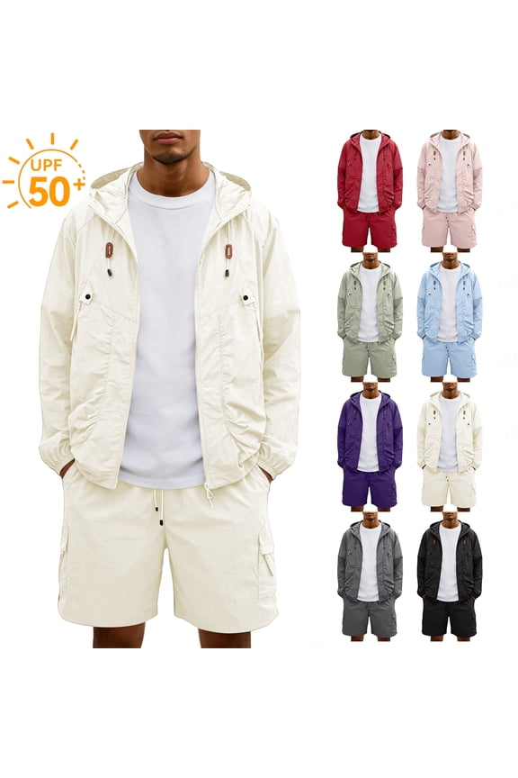 Men Sun Protection Outfits Long Sleeve Zipper Jacket and Cargo Shorts Upf 50+ Sun Protection Windbreaker Lightweight Hiking Fishing Summer Hiking Outfit,Beige M