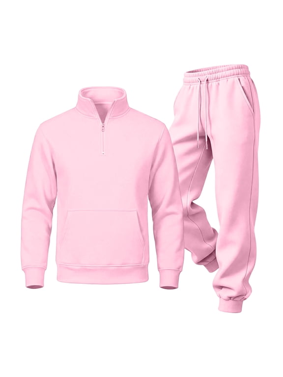 Men Sweatsuits Sets 2 Piece Quarter Zip Pullover and Sweatpants Jogging Track Suits Sweat Set Tracksuits Casual Outfit,Pink XL