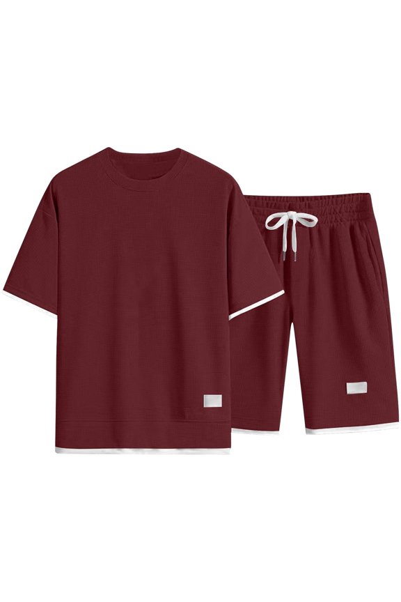 Men Track Suits 2 Piece Sets Casual Short Sleeve Crew Neck Golf Polo Shirts and Waffle Knit Shorts Set with Pockets Summer Vacation Sets,Red L