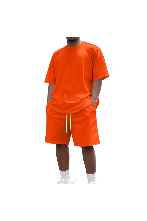 Men Two Piece Outfits Sets Summer Short Sleeve Crewneck Shirt and Short Sets Oversized Matching Set Tracksuit,Orange 4XL