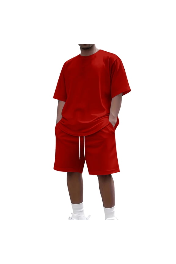 Men Two Piece Outfits Sets Summer Short Sleeve Crewneck Shirt and Short Sets Oversized Matching Set Tracksuit,Red 4XL
