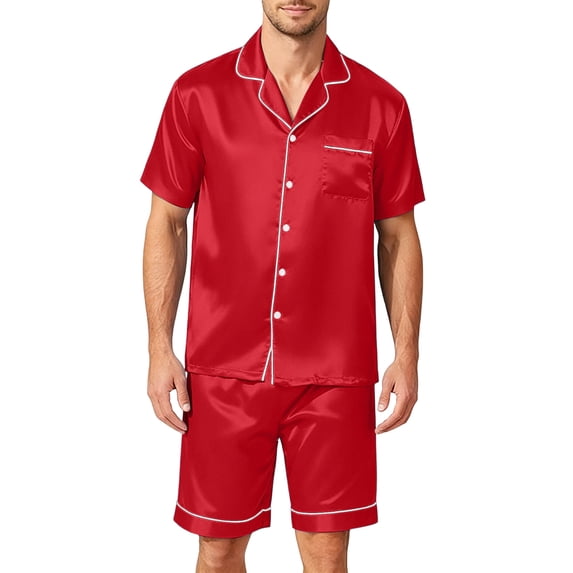 Homeyce Men's 2-Piece Satin Pajama Set with Short Sleeve Shirt Short Cool Breathable Home Sleepwear,Red XL