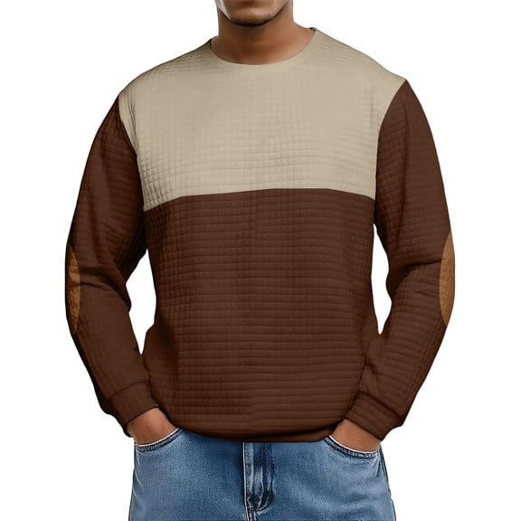 Homeyce Men's 2025 Casual Crewneck Dress Sweatshirts Diamond Texture Long Sleeve Sweatshirts Warm Winter Comfy Sweatshirts Pullover Round Neck Color Block Pullover Shirts,Brown 2XL