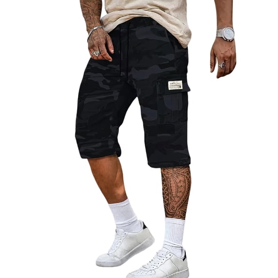 Homeyce Men's 3/4 Length Cargo Shorts Elastic Waist Big and Tall Knee Length Shorts Multi-Pocket Long Blew Knee Capri 3/4 Pants Outdoor Work Relaxed Fit Capri Pants,Blue XL