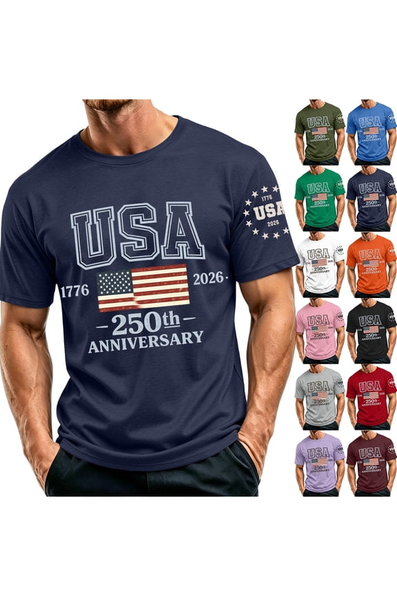 Men's American Flag Shirt 250 Years Of Liberty 4th Of July Shirts Short Sleeve American Flag Graphic Shirt Crew Neck Independence Day Patriotic Shirts,Blue L