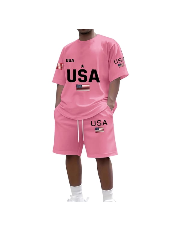 Men's American USA Flag Patriotic T-Shirts Shorts Set Tracksuit 4th of July Shirts 2 Pockets Oversize Two Piece Casual Daily,Pink XL