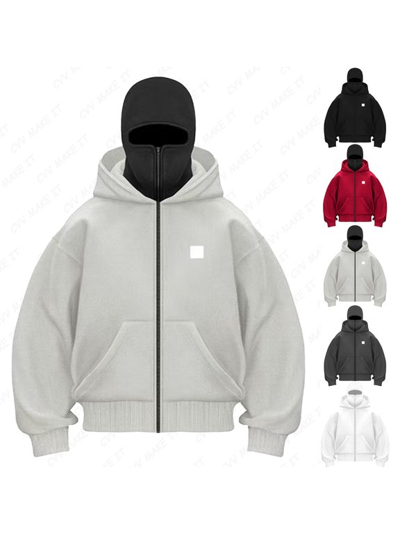 Men's Balaclava Double Hoodie Sweatshirt with Built-In Eye Mask Zip Up Zip Jacket Double Hooded Wind-Resistant Transition Jacket Balaclava Outdoor Athletic Hip Hop Y2k Streetwear,Gray 3XL
