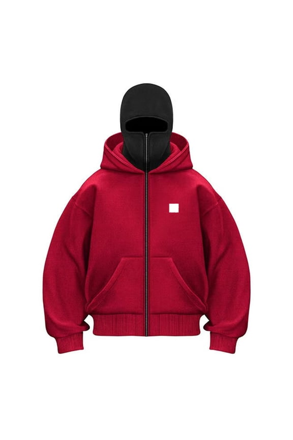 Men's Balaclava Double Hoodie Sweatshirt with Warm Face Mask with Zipper Hoodies Ninja Double Hood Windproof Hooded Coat Balaclava Y2k Fall Fashion 2026 Outerwear Jacket,Red M