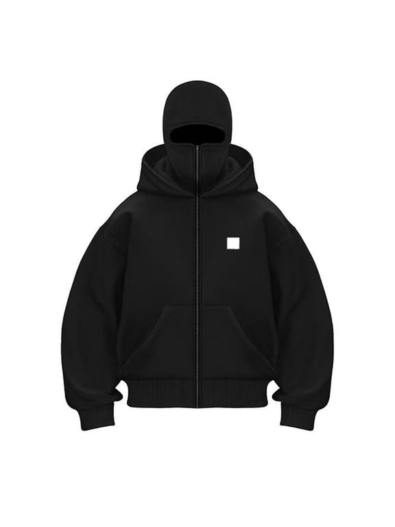 Men's Balaclava Double Hoodie Sweatshirt with Zipper with Face Mask Hoodie Balaclava Double Hooded Sweatshirt Windproof Outdoor Athletic Hip Hop Y2k Streetwear for Men and Women,Black XL