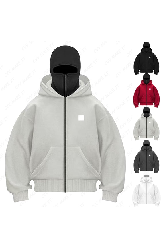 Men's Balaclava Hoodie Zip Up with Warm Face Mask Jacket Balaclava Double Layer Hooded Transition Jacket Windproof Warm Sports Casual Bicycle Outerwear Jacket for Cold Weather,Gray 2XL