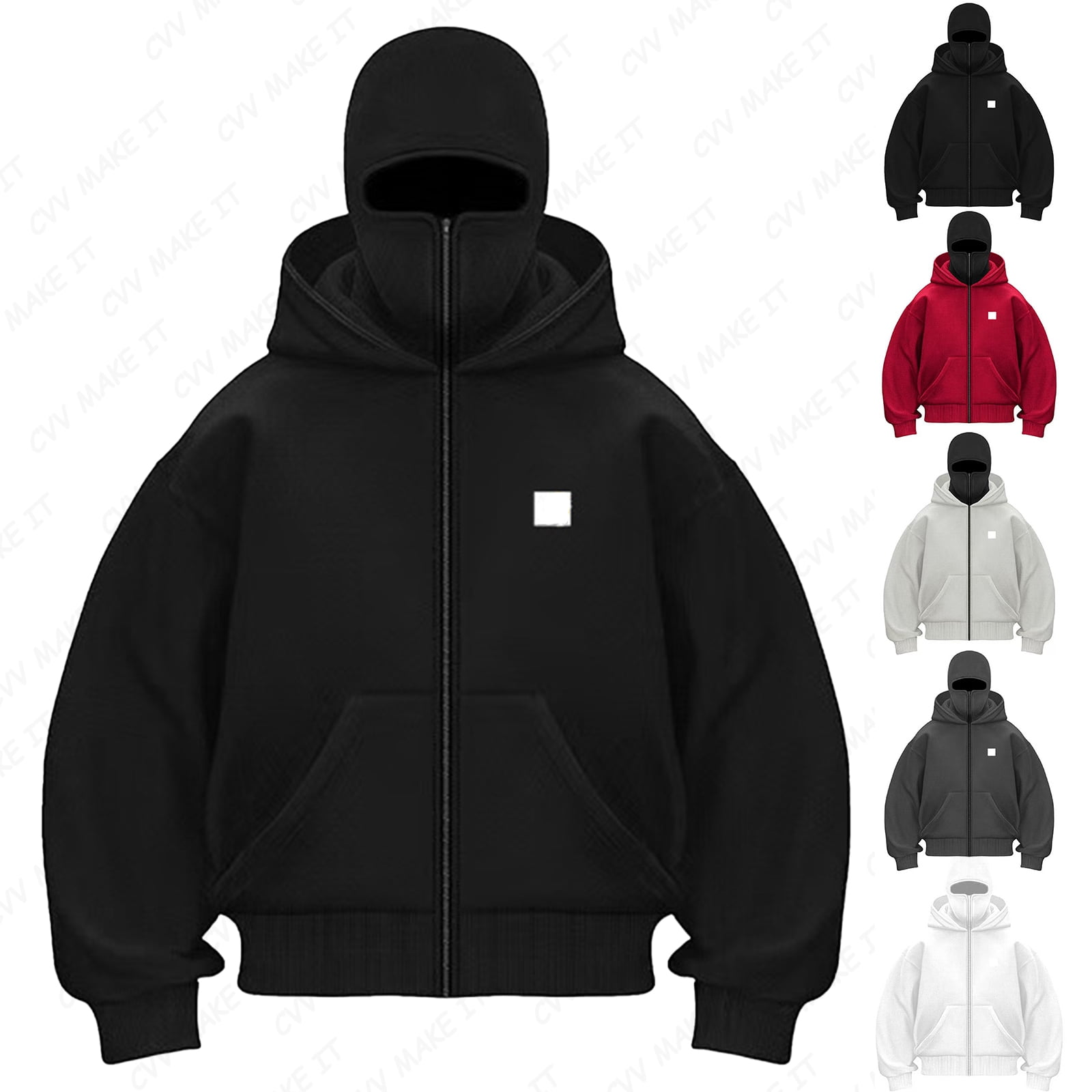 Homeyce Men's Balaclava Jacket with Face Mask Full-Zip Jacket Double Layer Hooded Windproof Sweatshirt Balaclava Warm Sports Casual Bicycle Clothing,Black 2XL