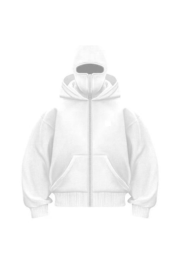 Men's Balaclava Jacket Full-Zip with Warm Face Mask Zip Jacket with Balaclava Ninja Double Hood Sweatshirt Wind Resistant Motor Y2k Fall Fashion Outerwear Jacket for Men and Women,White M