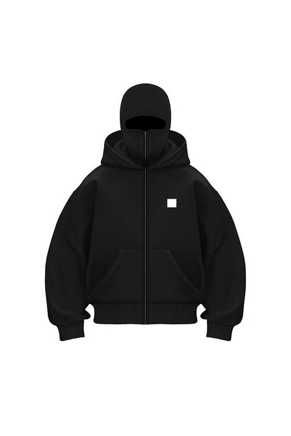 Men's Balaclava Jacket with Mask Zip Up Winter Hoodies Ninja Double Hood Windproof Jacket Hoodie Balaclava Motor Y2k Fall Fashion Clothing,Black 2XL