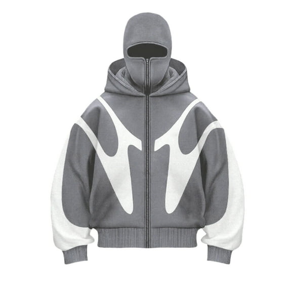 Homeyce Men's Balaclava Jacket with Warm Face Mask Full-Zip Hoodies Double Hooded Wind Resistant Transition Jacket with Balaclava Warm Sports Casual Bicycle Outerwear Jacket,Gray L