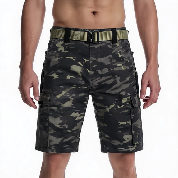 Homeyce Men's Camouflage Cargo Shorts with Multi Pockets Elastic Waistband Short Drawstring Ripstop Straight Leg Camo Cargo Pants Summer Outdoor Work Casual Lightweight Bermuda Shorts,Gray S