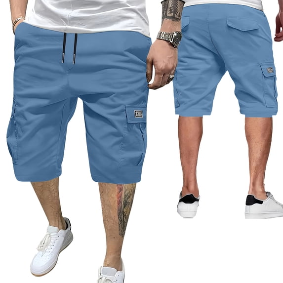 Homeyce Men's Cargo Shorts Elastic Waist Long Blew Knee Capri Shorts with Multi-Pockets Knee Length Cargo Shorts Relaxed Fit Work Fishing Hiking Short Pants,Blue S