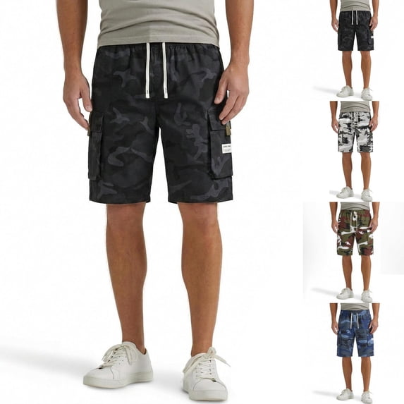 Homeyce Men's Cargo Shorts Multi Pockets Twill Elastic Waist Short Pants Drawstring Ripstop Straight Leg Cargo Shorts Casual Relaxed Fit Wild Outdoor Work Pants,Black L
