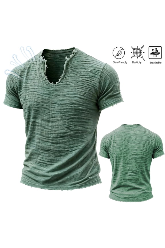 Men's Casual Cotton Linen Shirts V Neck Short Sleeve Soft Raw Edge T-Shirt Summer Trendy Beach Vacation Street Tee,Green XL