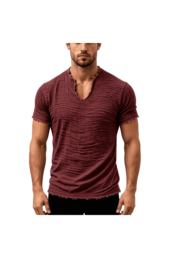 Men's Casual Cotton Linen Shirts V Neck Short Sleeve Soft Raw Edge T-Shirt Summer Trendy Beach Vacation Street Tee,Red 2XL